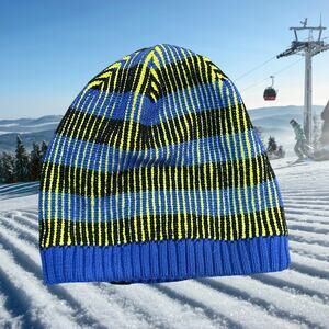 All In Motion Beanie Hat Youth Boys Blue Yellow Stripe Fleece Lined Knit Cap OS